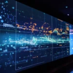 A detailed view of a digital twin simulation displayed on a large screen representing the virtual modeling of a factory floor with interactive elements showing predictive maintenanc