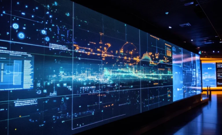 A detailed view of a digital twin simulation displayed on a large screen representing the virtual modeling of a factory floor with interactive elements showing predictive maintenanc