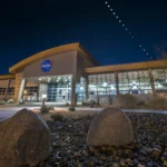 Image is NASA Armstrong Flight Research Center’s mission support building with a composite of 16 images of the eclipsed moons overhead during Jan. 31 Super Blue Blood Moon.