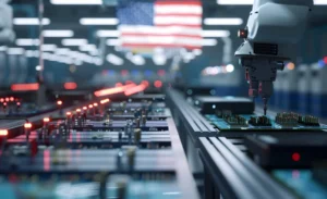 A high-tech electronics manufacturing facility in the USA, featuring robotic arms and assembly lines under the American flag.