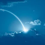 Military rockets launch with fire clouds at night