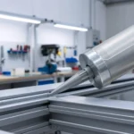 Industrial robotic dispenser applying adhesive to aluminum frame. Automated manufacturing in a workshop