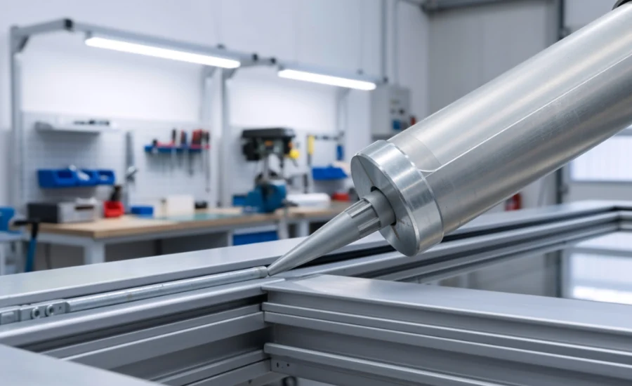 Industrial robotic dispenser applying adhesive to aluminum frame. Automated manufacturing in a workshop