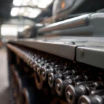 Detailed close up of a robust military tank s metallic track and hull in a workshop environment