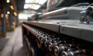 Detailed close up of a robust military tank s metallic track and hull in a workshop environment