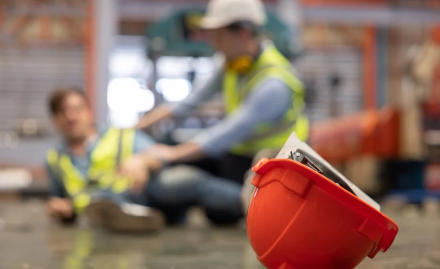 Close Up on Red Hard Hat with Blurred Injured Factory Workers as