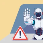 Futuristic AI robot making a stop gesture with a warning sign, i