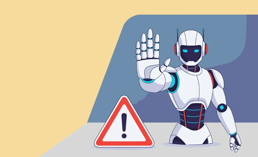 Futuristic AI robot making a stop gesture with a warning sign, i