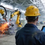 Engineer monitoring automated robotic arms welding car parts in