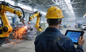 Engineer monitoring automated robotic arms welding car parts in