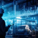 Silhouette engineer control auto robot in industry 4.0 manufactu