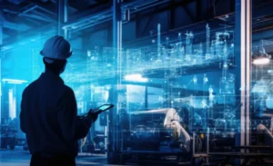 Silhouette engineer control auto robot in industry 4.0 manufactu
