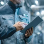 Two industrial engineers in safety helmets use a tablet to monit