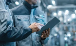 Two industrial engineers in safety helmets use a tablet to monit