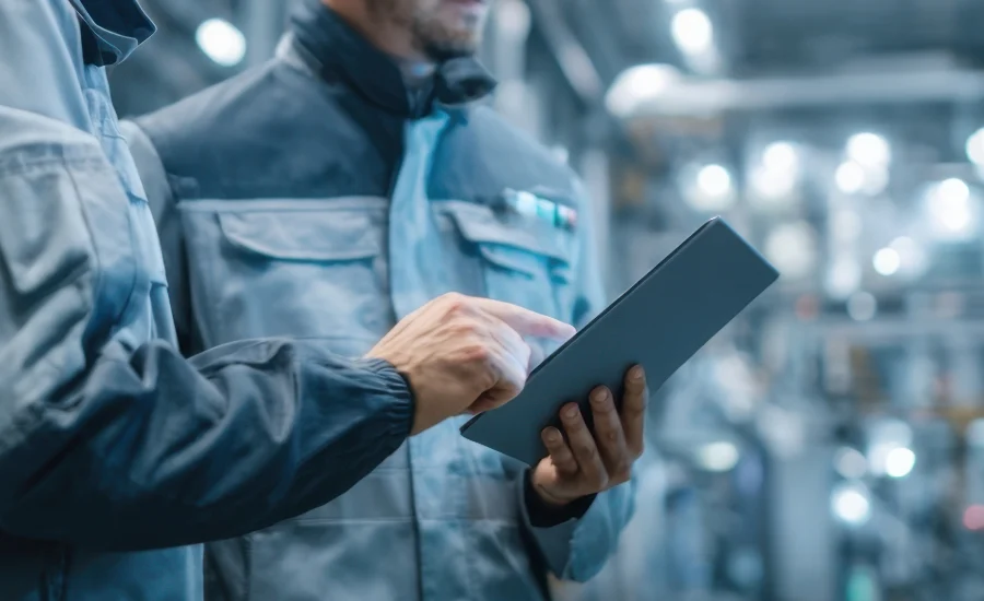 Two industrial engineers in safety helmets use a tablet to monit