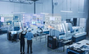Industry 4.0 Factory: Two Engineers Uses Digital Tablet Computer