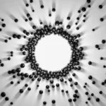 Gathering of black spheres to the center light. Attraction of objects with long shadows. 3D abstract concept of collaboration. Magnetic attraction of objects to central formation render.