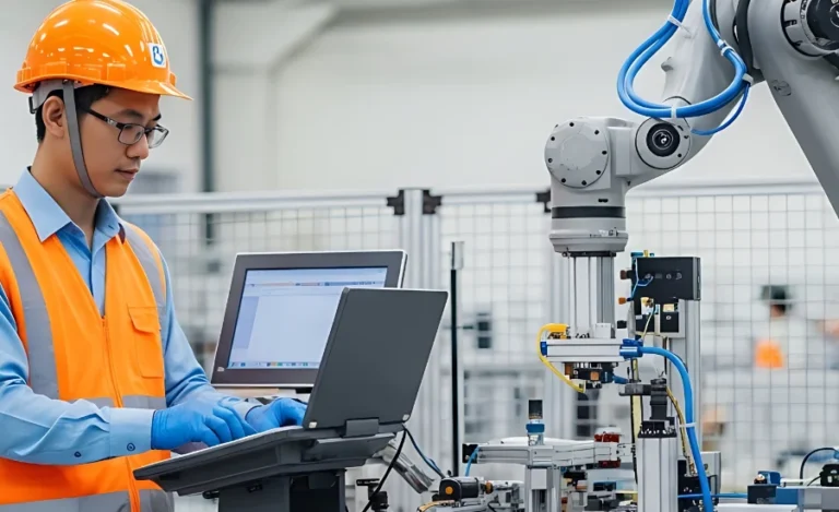 Engineer Operating Robotic Arm in Modern Factory Setting.