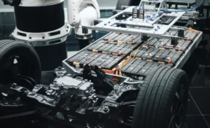 industrial robot installing electric vehicle battery modules automation replacing ev battery pack in modern car factory in production line
