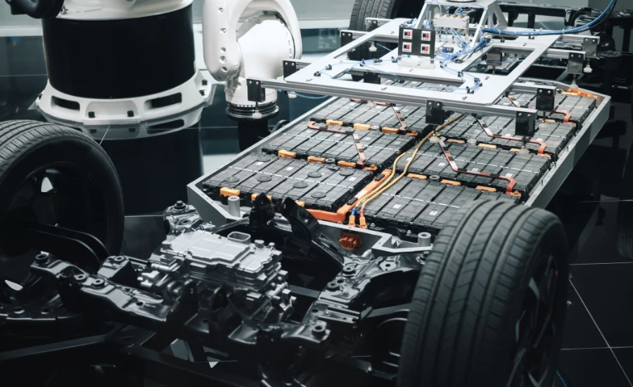 industrial robot installing electric vehicle battery modules automation replacing ev battery pack in modern car factory in production line