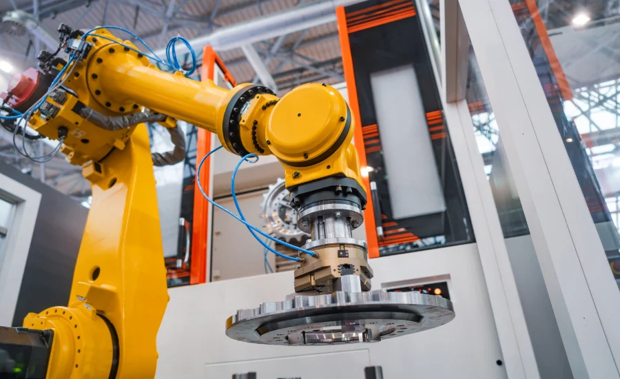 Industrial robotic arm holding metal gear component in automated