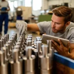 Young steel worker performing quality control of manufactured products in a warehouse.