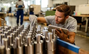 Young steel worker performing quality control of manufactured products in a warehouse.