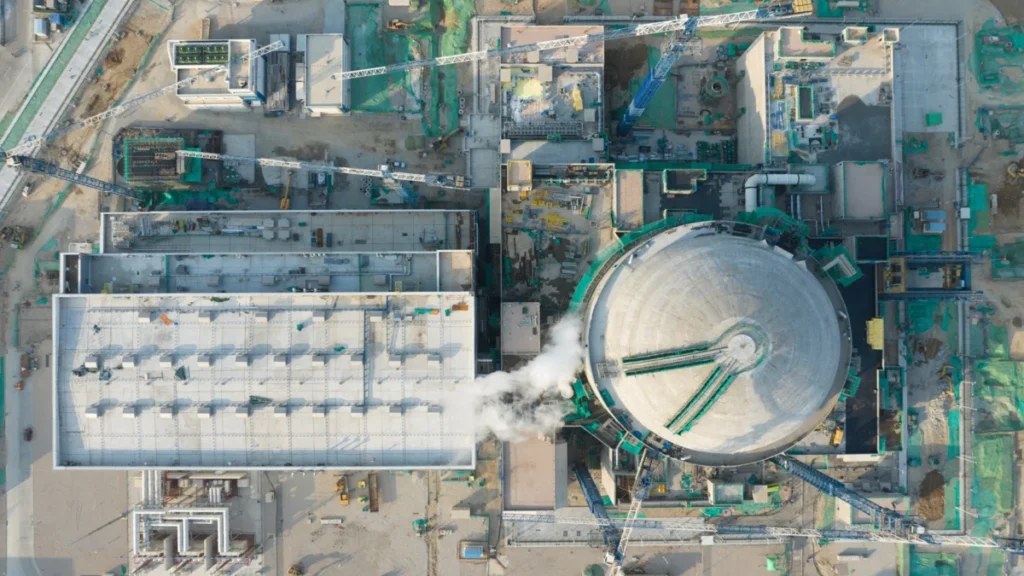 High angle view of a nuclear power plant under construction