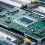 Circuit Board with Advanced Microchip on Assembly Line. Electron