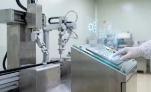 Industrial ai technology interface sterile laboratory supporting automated machine control and precision manufacturing workflow with cleanroom