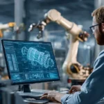 Engineer working on a desktop computer, programming and visualizing cad software with a 3d model of a complex robotic arm part, operating in a modern industrial setting with automated machinery