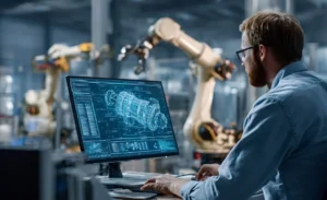 Engineer working on a desktop computer, programming and visualizing cad software with a 3d model of a complex robotic arm part, operating in a modern industrial setting with automated machinery