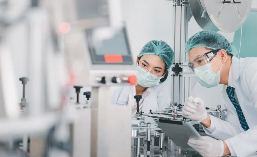 Both male and female Asian scientists are outfitted with protective gear. Examining the factory's machinery and materials used in the mask-making process. Covid 19 is a piece of preventive equipment.
