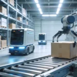 Automated warehouse system featuring robotic arm and mobile transport robots. Smart logistics facility with autonomous machinery handling cardboard boxes on conveyor belt.