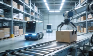 Automated warehouse system featuring robotic arm and mobile transport robots. Smart logistics facility with autonomous machinery handling cardboard boxes on conveyor belt.
