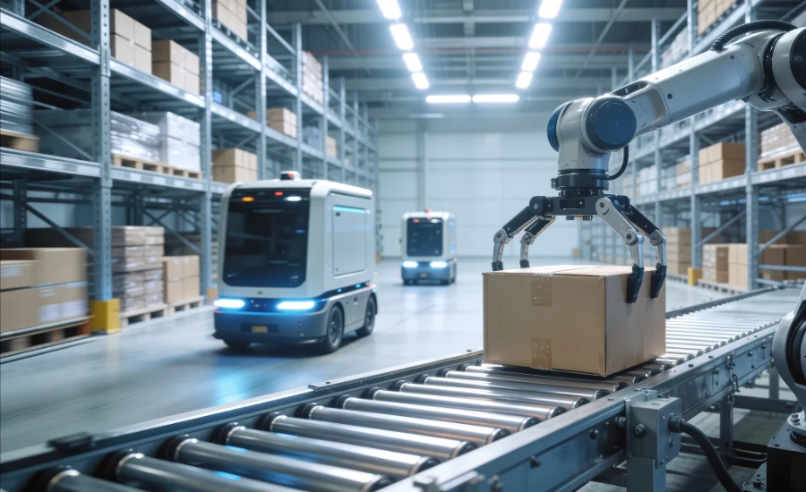 Automated warehouse system featuring robotic arm and mobile transport robots. Smart logistics facility with autonomous machinery handling cardboard boxes on conveyor belt.