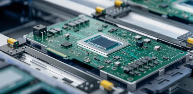 Circuit Board with Advanced Microchip on Assembly Line. Electron